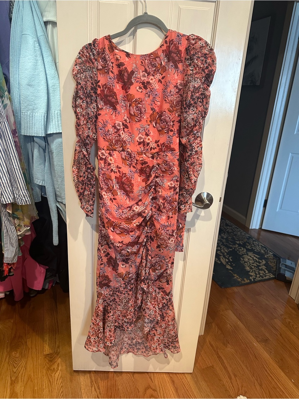 NSR Coral Floral Puff-Sleeve Maxi Dress